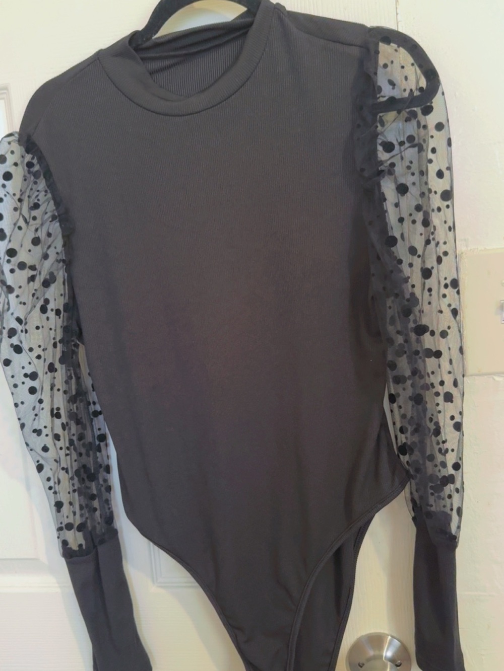 Black Polka Dot Mesh-Sleeve Bodysuit - Women